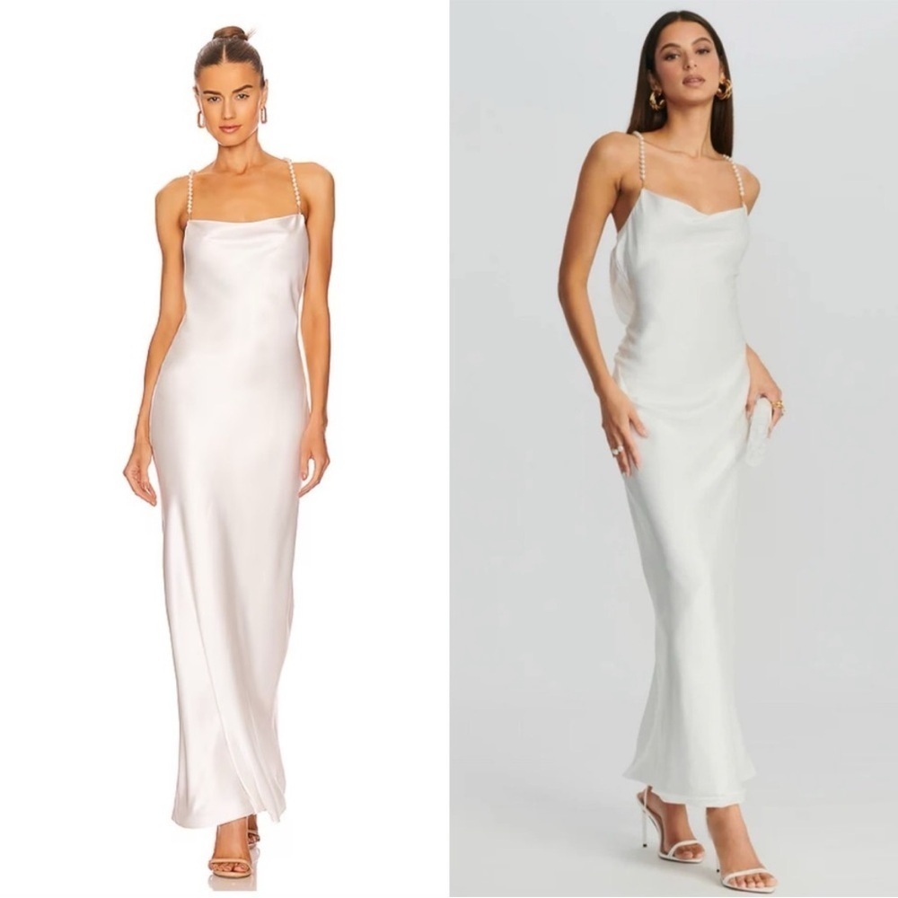 NWT Retrofete Electra Pearl Strap Maxi Satin Open Back Cowl Neck Dress White
